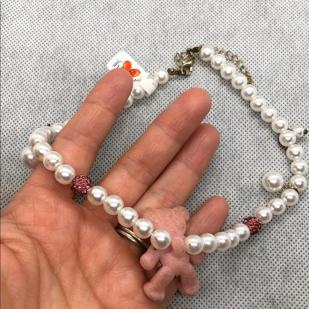 Kids Pearl Necklace with Pink Teddy Charm - Brand: